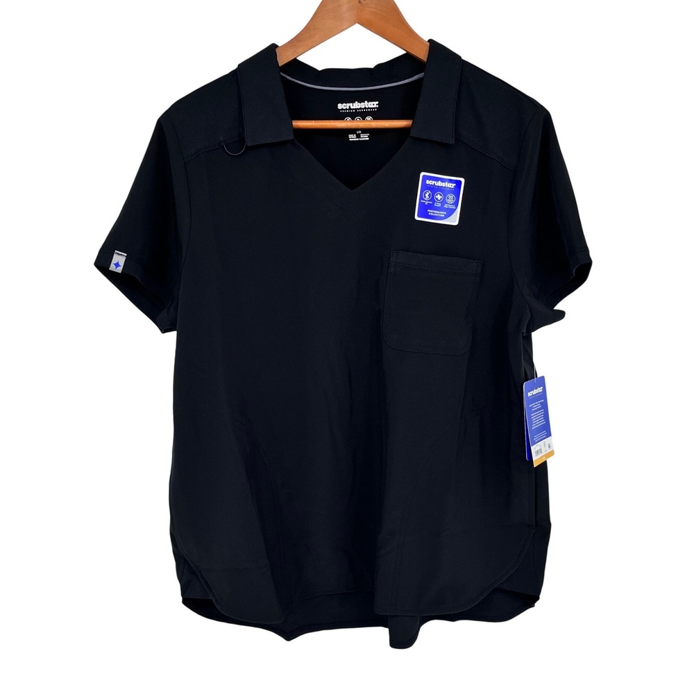 Scrubstar Performance Scrub Top Women Large Black V-Neck Stretch Healthcare